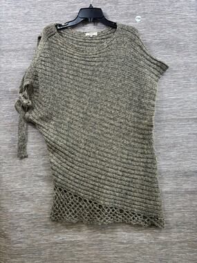 HENDI Knit Tunic Sweater Womens Size M/L Brown Open Crochet Hem Short Sleeve